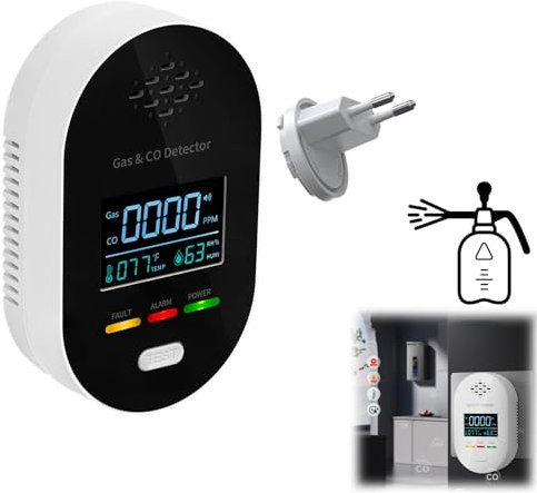 Kohlenmonoxid Melder, 4-in-1-Gasmelder, CO Melder mit Austauschbarer Batterie und Digitalem Display, Kohlenmonoxidmelder mit Temperatur-/ Feuchtigkeitsanzeige (Weiß)