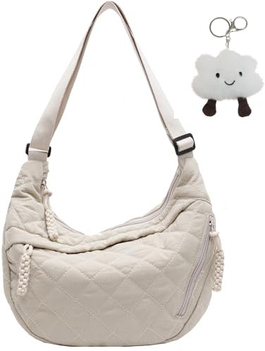 Micmores Crossbody Bag Damen Gequiltete Umhängetasche, Nylon Schultertasche Moon Bag Stylische Halbmond Tasche mit verstellbarer Schultergurt, Casual Handtasche für Arbeit, Reisen, Alltag(Beige)