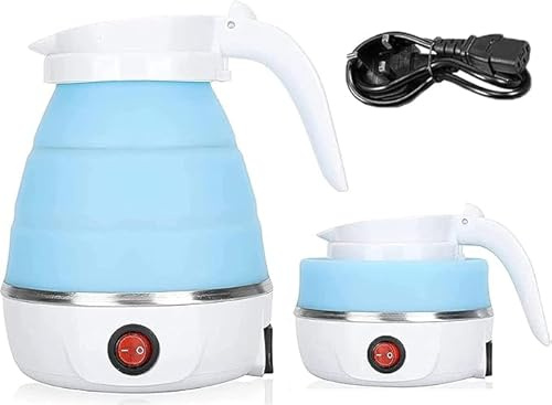 Foldable Electric Kettle, Mini Travel Kettle, Portable Collapsible Kettle for Camping with Separable Power Cord, Fast Boiling, 600ML (Blue)