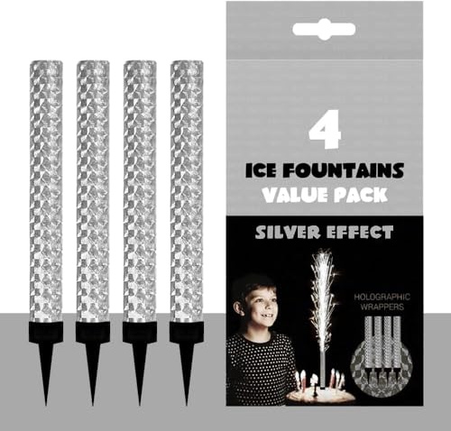 Pack of 4 Ice Fountains Birthday Candles - Gold & Silver Birthday Candles for Cakes, Candles for Cake Decorations - Elegant Cake Toppers by CYD Sales (Silver)