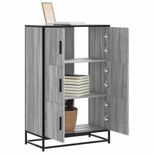 Hoopleep Highboard Grau Sonoma 68x35x106,5 cm, Holzwerkstoff & Metall, Stabiler Schrank mit 3 Fächern, vielseitiger Stauraum für Wohnzimmer, Schlafzimmer, Flur