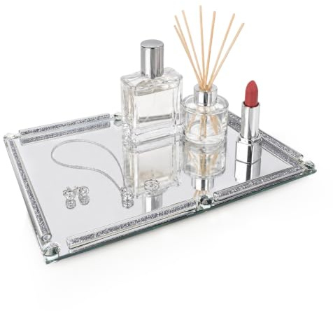 Nuscen Spiegeltablett mit Kristallrand, (40x30cm) Gläserne Ablage Silber | Deko Tablett Verspiegelt für Schminktisch & Bad, Anti-Rutsch Füße, Elegant für Kosmetik, Parfum & Hochzeit