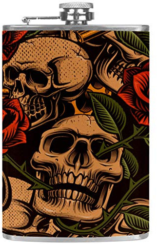 Petacas de Alcohol Calavera con Rosa Vintage Petaca 227ml Acero Inoxidable para Whisky Vodka Alcohol líquido con embudos para Hombres y Mujeres 9.2x15cm