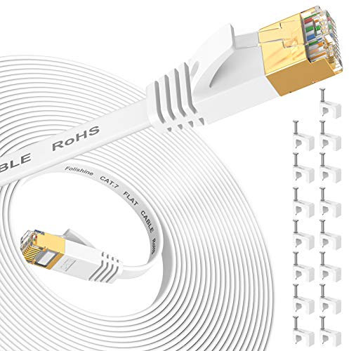 Folishine Cable Ethernet de 10 m, Cat7 de alta velocidad con conector RJ45 chapado en oro, cable LAN blindado para interruptor de red, más rápido que Cat5/Cat5e/Cat6-Blanco
