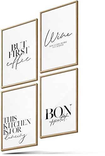 BLCKART Poster-Set Küche - 4 moderne Wandbilder mit Sprüchen - Premium Poster für Esszimmer - Bilder zur Wanddekoration - Größe A4