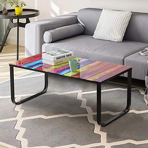 LEMROE Table basse simple avec verre trempé et cadre en métal, table basse rectangulaire minimaliste pour salon, table d'appoint industrielle (multicolore)