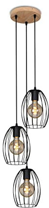 BRILONER Leuchten Pendelleuchte Holz, Retro Hängelampe, Rondell 3-flammig, E27 max. 60 Watt, Esszimmerlampe 4040-035 Schwarz
