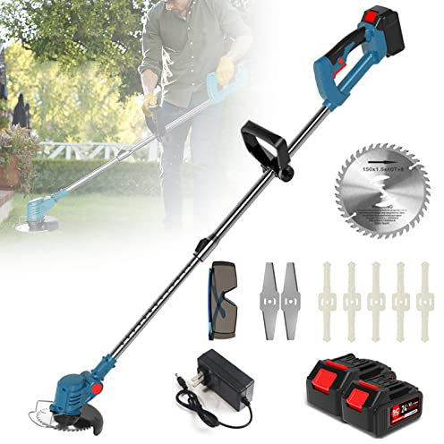Coupe-Bordures sans Fil 24V avec Batterie 4Ah Et Chargeur, Debroussailleuse Electrique avec 3 Types De Lames, Tondeuses À Gazon Legers Manche Télescopique Outillage De Jardin