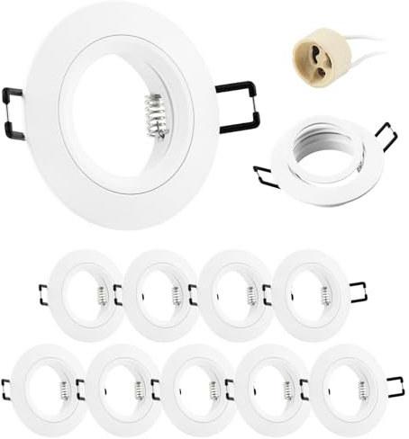 Doughelec 10er Einbaustrahler GU10 Rahmen Aluminium Weiß, Einbaurahmen Spot Einbauspots Rund Flach 68mm Lochdurchmesser inkl GU10 Fassung für LED Halogen Einbauleuchten Decke, 60-70mm 230V Matt DN