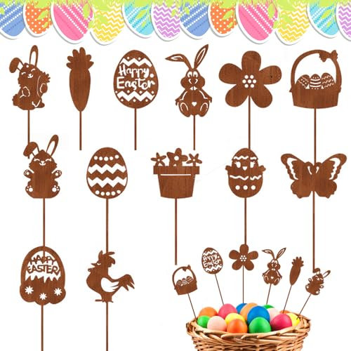 RIRIDAMAI Blumenstecker Ostern Rost,13 Stück Gartenstecker Ostern Rost,Metall Osterstecker für Draußen,Rostige Osterdeko,Osterhase Ostereier Osterschild,Osterstecker Garten,Gartenstecker Frühling