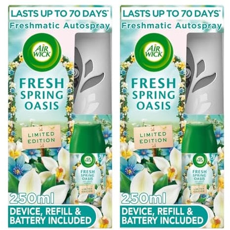 Air Wick Freshmatic Automatic Spray Kit 2 x 250ml Fresh Spring Oasis Scent, Air Freshener Starter Kit with Dispenser, Continuous Fragrance, Neutralises Odours, Twin Pack Ideal for Home Use