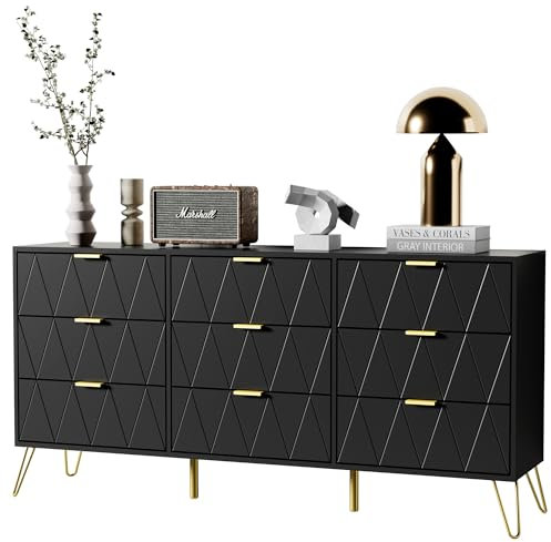 UEV Kommode mit Schublanden, 150x34x74cm, Schrank mit 9 Schublanden, Modernes Sideboard, TV Board, Aufbewahrungsschrank, Schmal kommode, Buffet, Schrank für Wohnzimmer Schlafzimmer,Flur Schwarz
