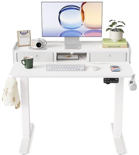 YIHAYO Scrivania regolabile in altezza con cassetti e supporto per monitor, 100 x 60 cm, scrivania elettrica con funzione memoria, colore: bianco