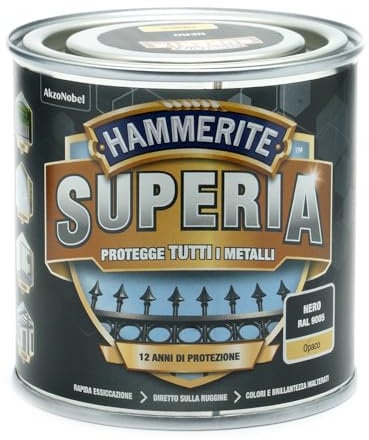Hammerite Superia smalto metallo antiruggine interno e esterno, Opaco Nero, 250 ml
