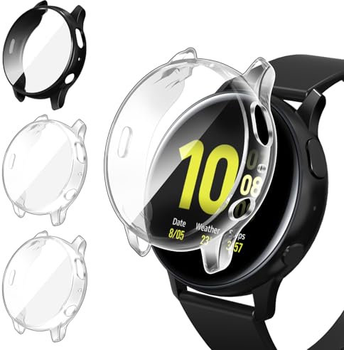 iVoler 3 Pezzi HD Clear Cover con Pellicola Protettiva per Samsung Galaxy Watch Active 2 40mm, Copertura Completa Custodia Anti-Graffio Ultra Sottile Morbida TPU Case, 2 Trasparente + 1 Nero