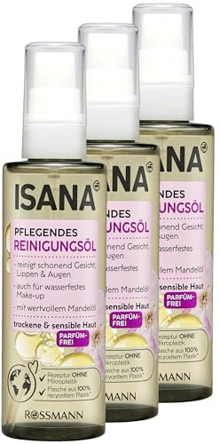 ISANA Pflegendes Reinigungsöl, 3er Pack (3x 100 ml Flaschen) - Reinigt schonend Gesicht, Lippen und Augen - Besonders geeignet für trockene und sensible Haut