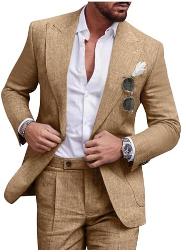 Diaryan Ensemble de costume décontracté 2 pièces en lin pour homme, blazer à un bouton, veste et pantalon pour bal de fin d'année, fête de mariage | Ensemble blazer à un bouton, veste unie, pantalon, bal de fin d'année, décontracté, garçons d'honneur, travail, été