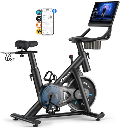 MERACH Cyclette da Casa con Schermo Connesso, Bicicletta da Appartamento Silenziosa con Resistenza Magnetica, Sella Confortevole, App Esclusiva, Carico Massimo 136 kg