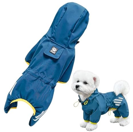 Hunde-Regenmantel, wasserdichte Regenjacke mit Kapuze und Beinen und Geschirrloch, verstellbarer Haustier-Regenmantel für kleine Hunde, Blau, Größe S