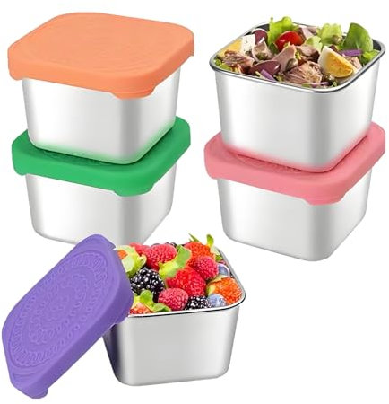 Homeily Stainless Steel Snack Containers, 4Pack 6oz Metal Food Storage Containers with Silicone Lids Stackable Small Lunch Box for Picnics, School, Work and Travel.