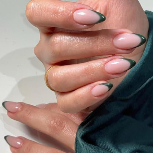 KQueenest 30 Pcs Dark Green French Tip False Nails Short Medium Almond, French Tip False Nails Short Stiletto, Custom Thick Acrylic Fake Nails Set Natural Nude Gel Stick on Nail for Women Daily Wear
