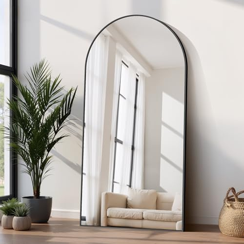 COFENY Bogen Ganzkörperspiegel, 198 × 96 cm Standspiegel mit Schwarzer Rahmen, Groß Wandspiegel zum Stehen, Anlehnen oder Hängen, Bodenspiegel für Schlafzimmer, Wohnzimmer