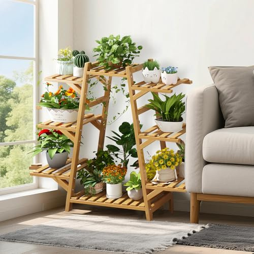 PRIJESSE 7 Tier Bamboo Plant Stand Indoor Outdoor, Large Multi-layer Flower Pot Rack with 440lbs High Load Capacity, Waterproof Corner Ladder Display Shelf for Multiple Plants, Garden Patio Balcony