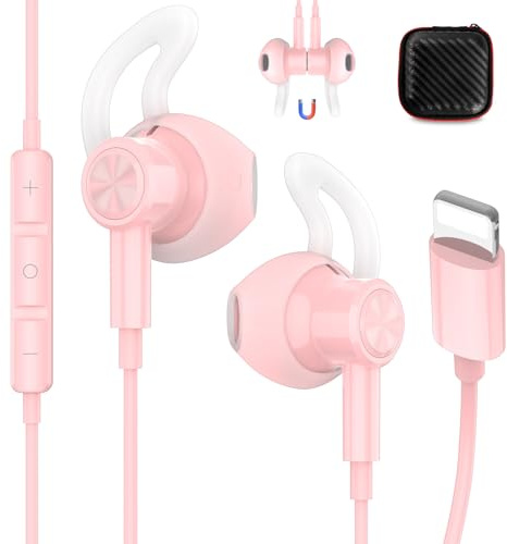 iMangoo for Apple Lightning Headphones MFi-Certified Wired Earbuds Pink | Magnetic Larger Ear Buds Earphones with Anti-Drop Tips Corded Headset Cord for iPhone 14 Plus 13 Pro Max 12 Mini 11 XS XR 8