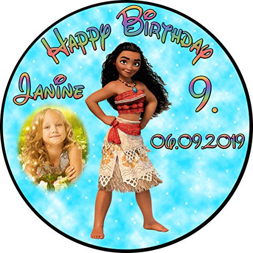 sales-world24 Tortenaufleger Fototorte Tortenbild Kindergeburtstag Vaiana VA01 (Zuckerpapier) Rund 20 cm Ø mit Foto Türkis