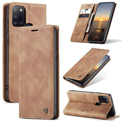 UEEBAI Handyhülle für Samsung Galaxy A21s, Retro Matte Handyhülle PU Fallschutz Lederhülle Weich TPU Klapphülle mit Kartenfach Standfunktion Magnetverschluss Flip Case Handytasche - Braun