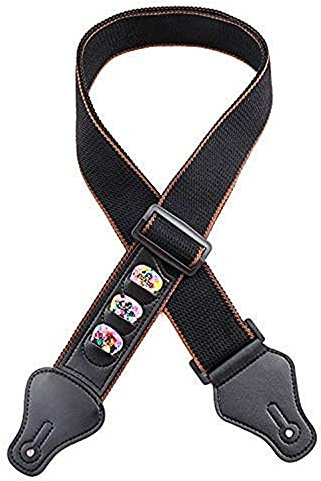 bn LX Gitarrengurt, E-Gitarren-Schultergurt, Gurt für Gitarre und Bass, Verstellbarer Gitarrengurt PU Lederenden mit 3 Gitarren-Pick Haltern, Schwarz