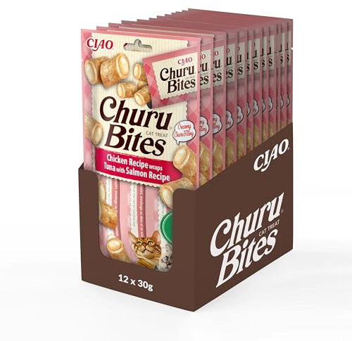 INABA Churu Bites mit 40% Hühnerfleisch und 32% Thunfisch Katzenleckerlis | Getreidefrei, Zuckerfrei, Keine Nebenerzeugnisse Katzensnacks | Perfekt zum Verstecken von Tablette 30 g (12er Pack)