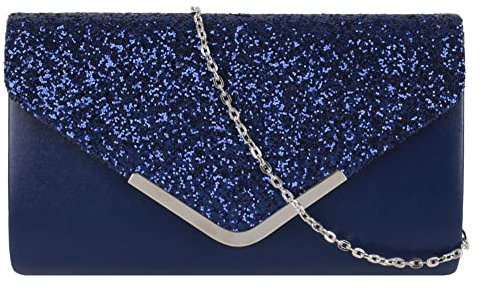 Megauk - Pochette da donna con glitter, elegante borsa da sera lucida, con strass, per matrimoni, feste, blu di pelle, Taglia unica