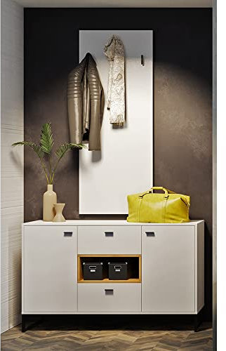 Garderobe mit Kommode und Hakenpaneel in weiß mit Artisan Eiche Nb.