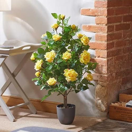 Garden Mile Artificial House Plant 80cm Yellow Rose Trees Indoor Potted Plant Outdoor Tree with Fake Yellow Flowers Rose Bush in Pot Potted Plants for Home Office Fake Flower Tree