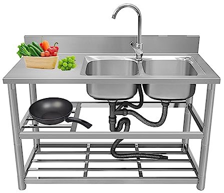 Lavello in Acciaio Inox 2 vasche,Lavandino da Esterno con Mobile,Lavandino Autoportante Commerciale,Lavello postazione di Lavoro,con Rubinetto,Componenti di Drenaggio,Supporto,per Ristorante ( Color :