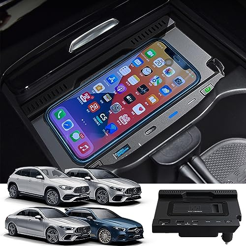 BraveKing Kabelloses Ladegerät Auto für Mercedes-Benz A-Class B-Class GLA GLB CLA AMG 2020-2023 W177/X247/H247/W247 Zubehör Schnellladendes Handy-Ladegerät mit QC3.0-USB-Anschluss für iPhone Samsung
