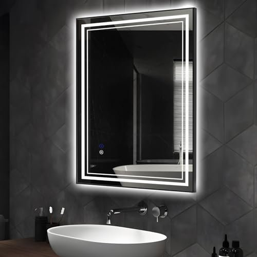 Elefloom LED-Badezimmerspiegel, 71,1 x 91,4 cm, schwarz gerahmt, vorne und hinterleuchtet, Schminkspiegel, beschlagfrei, dimmbar, 3 Farben, CRI > 90, Wandmontage, LED-Spiegel für Badezimmer