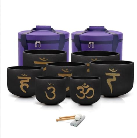 Siceeoly 7-12 inch 432HZ Black Gold Chakra Crystal Singing Bowls Set of 7 Meditation Bowl Frosted Healing Quartz Sound Singing Bowls with 2 Travel Carry Case Bag 2 Mallet Suede 2 Strikers 7 O-rings