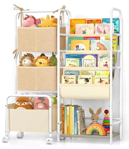 Bikoney Bücherregal Kinder, 4-Tier Bücherregal mit Spielzeug Regal, Kinderregal mit Spielzeugregal Bewegen, Groß Kinder Bücherregal Montessori für Kindergarten Schulzimmer Kinderzimmer Spielzimmer