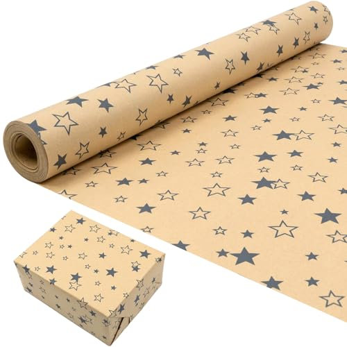 Rouleau de papier cadeau pour anniversaire : papier kraft avec motif festif étoile bleue recyclable 43 cm x 15 m