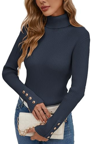 Famulily Winter Cozy Warm Turtleneck Sweaters for Ladies, Button Long Sleeve Slim Stretch Jumpers Pullover Tops (M, Navy)