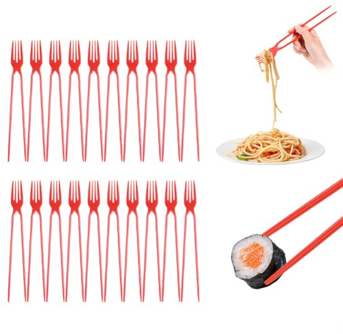 FDKYOEK 20 PCS Chopstick Fork, Plastic Chopsticks Fork Combo for Beginners, Training Chopstick for Adults, Disposable Forkchops Chopsticks for Outdoor Camping Picnic, Red
