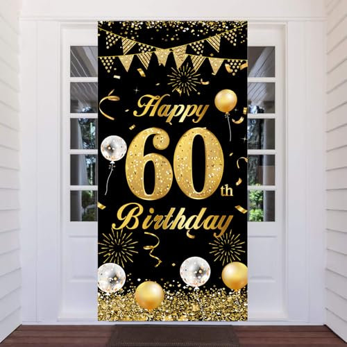 60.Geburtstag Banner Schwarz Gold, 60 Jahr Geburtstag Deko Tür Hintergrund für Männer Frauen, Großer Stoff 60 Geburtstag Party Dekoration Türbanner für Tisch Wand Dekoration, 180 x 90cm