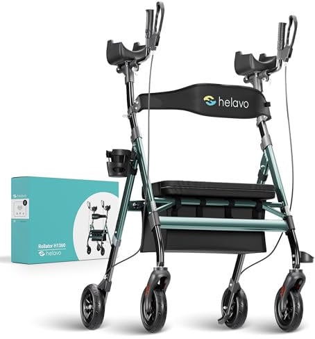 Helavo Schwerlastrollator mit Unterarmstützen bis 226 kg belastbar - Extra breiter Arthritis Rollator mit Armauflagen - Geländegängiger Rollator mit pannensicheren Vollgummireifen & Sitz - Heavy Duty