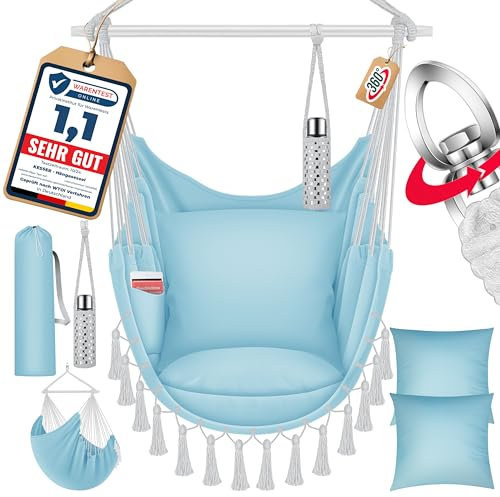KESSER® Hängesessel Safari XXL Hängestuhl für Erwachsene & Kinder Hängematte bis 150 kg Hängesitz Aufhängung Indoor-Outdoor-Wohnen Inkl. Tragetasche, 2 Kissen, Getränkehalter & Bücherfach, Hellblau