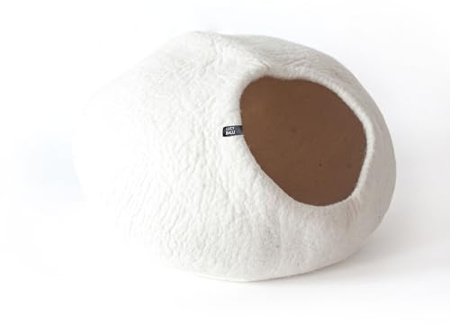 LucyBalu® Premium Katzenhöhle aus Filz | Natürliches Katzenbett aus 100% Flauschiger Wolle | Filzhöhle für Katzen handgefertigt in Nepal | Kuschelhöhle für Katzen | 45x45x28 cm | Weiß