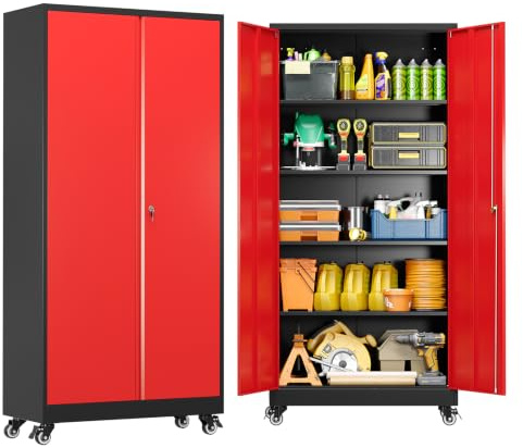 Sightlife Aktenschrank Stahlschrank Werkzeugschrank mit Rollen Werkstattschrank Garagenschrank Metallschrank Mehrzweckschrank abschließbar Büroschrank höhenverstellbaren Einlegeböden Rot