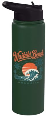 Waikiki Beach Hawaii Sunset Wave Palm Trees Stainless Steel Insulated Water Bottle