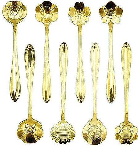 ERCRYSTO Stainless Steel Tableware Creative Flower Coffee Spoon, Stirring Spoon, Sugar Spoon, Stir Bar Spoon, Mixing Spoon, Tea Spoon, Ice Tea Spoon, Ice Cream Spoons,8 Diffient Pattern, Color Golden
